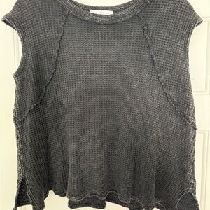 NWT Women's Black Acid Wash Waffle Knit Sleeveless Top